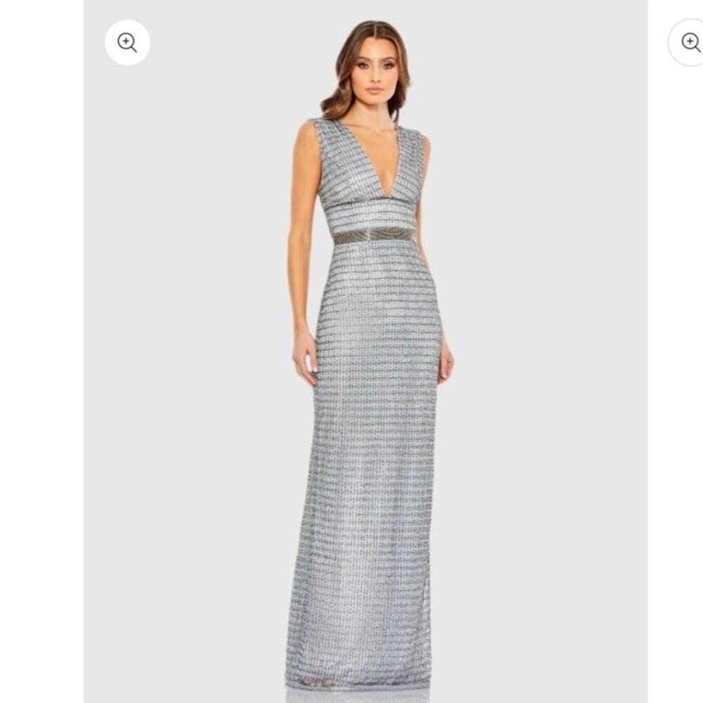 Mac Duggal Beaded V Neck Cap Sleeve Column Maxi Gown in Silver Gray Size 4 NWT